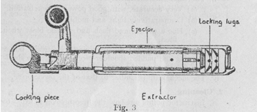 Text Box:    ii. Explain and demonstrate :—  To clean the rifle, first remove the bolt. Turn the safety catch forward, draw the bolt to the rear, press down the ejector stop and remove bolt. Remove the deflector from the recoil reducer by unscrewing the three screws, using the combination tool. Clean the recoil reducer, leaving. slightly oily. Remove the rod from the breech cover, and assemble by pulling cord tight, and fastening it to the notches in the handle. Clean the barrel, using the rod and flannelette, size 6 in. by 4 in. Use the wire brush when necessary. To oil the barrel, use flannelette, size 4 in. by 4 in. Remove fouling from chamber, using the bristle brush and flannelette. Clean all remaining parts and the exterior of the rifle and leave slightly oily, including magazines.  When assembling the rifle, place the cocking piece in the long groove, and ensure that the striker pro¬trudes through the face of the bolt. If possible before firing the barrel, chamber and recoil reducer should be dry and free from oil.  NOTE.—On future models of the anti-tank rifle the recoil re¬ducer may be of modified form, which will not be removed for cleaning,  3.	Practise squad.  4.	Cleaning after gas  Instructor explains that this is as taught for the service rifle. Question squad.  